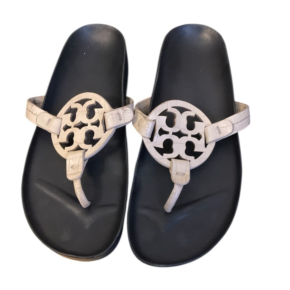 Tory Burch Black & Cream Leather Logo Thong Sandals Size 7M